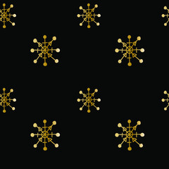 Vector Scandinavian seamless pattern with gold snowflake texture on black background.Foil Holiday,Norwegian repeating ornament hand drawn print.Designs for wrapping paper,web,textile,packaging,fabric.