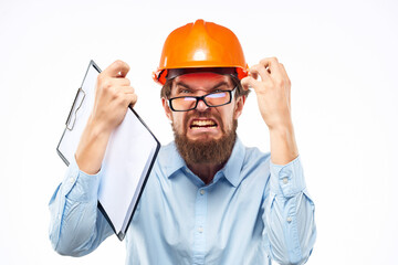 man wearing glasses construction uniform engineer emotions work