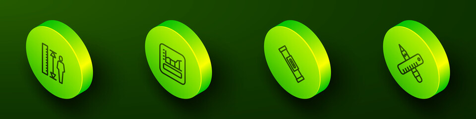 Set Isometric line Measuring height body, Graph, schedule, chart, diagram, Construction bubble level and Crossed ruler and pencil icon. Vector