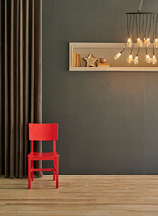 Grey background stone wall, red chair and gold ornament, home object with decorative lamp light with curtain style.
