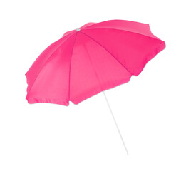 Open pink beach umbrella isolated on white