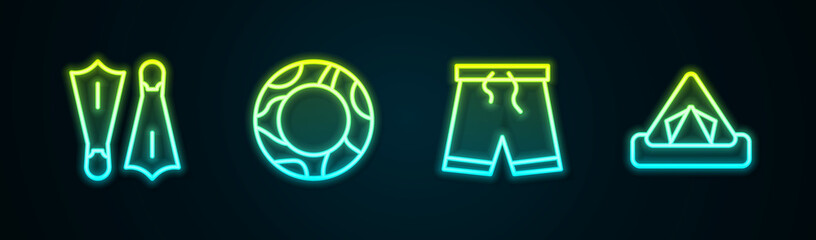 Set line Rubber flippers for swimming, ring, Swimming trunks and Tourist tent. Glowing neon icon. Vector