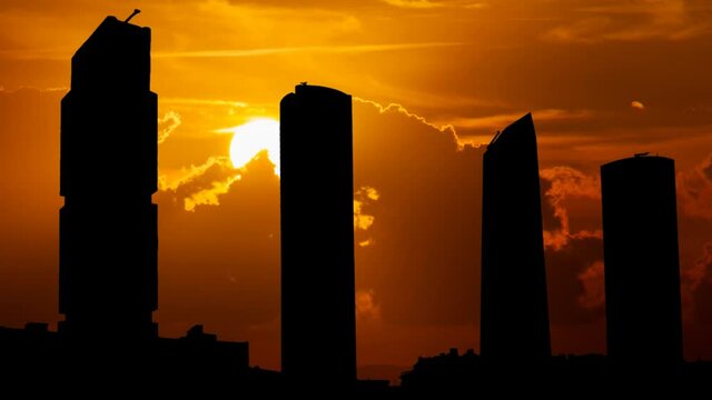 Madrid Skyline at Sunset, Time Lapse with Red Sun and Fiery Sky, Spain