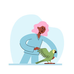 Vector illustration of veterinarian with parrot at vet appointment.