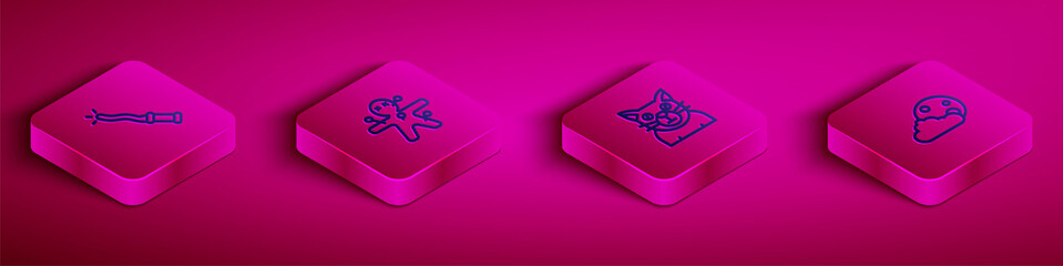 Set Isometric line Magic wand, Voodoo doll, Cat and Moon stars icon. Vector