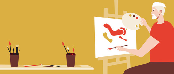 Old artist, copy space template, flat vector stock illustration c Painting as art and creativity
