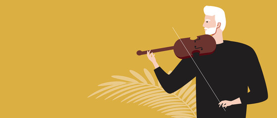 Old musician violinist, copy space template, flat vector stock illustration with playing violin and elderly musician © Vikkymir Store