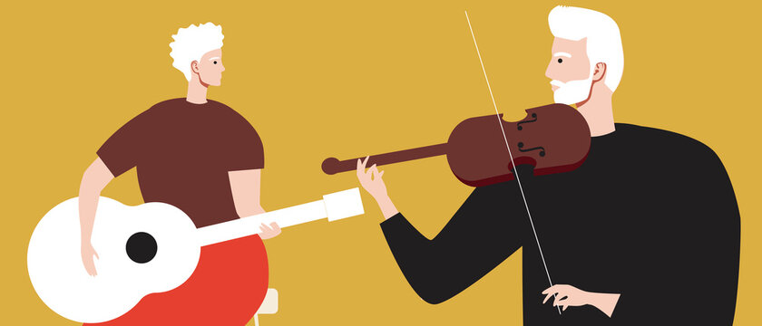Duet of Old Violinists, Flat Vector Stock Illustration with Playing the Violin as Hobby and Leisure of a Couple