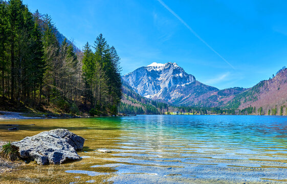 Vorderer Langbathsee lake in Alps mountains, Austria. Beautiful spring landscape.