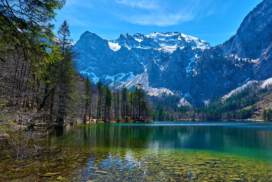 Hinterer Langbathsee lake in Alps mountains, Austria. Beautiful spring landscape. 