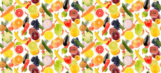 Big seamless pattern from fresh healthy fruits and vegetables isolated on white