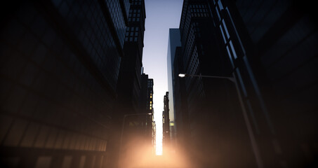 A look directly down a city street flanked with skyscrapers and lamp posts illuminated by a morning sun and dramatic fog in the distance - 3D render © alswart