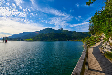 footbridge on Lake Wolfgang. Austrian Alps, Salzburg region.