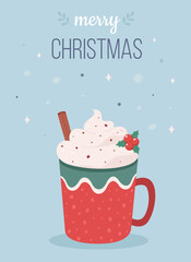 Christmas hot drink with cinnamon and mistletoe. Merry Christmas greeting card. Vector illustration.