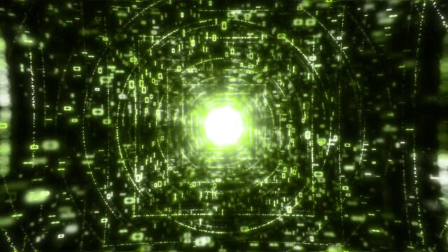 Digital data flow 3D animation technology cyberspace tunnel with cyber security blockchain information stream loop. Futuristic seamless cryptocurrency . Internet, crypto and computer network concept