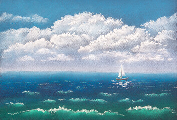 Beautiful sea and sky with clouds and a sailing ship pastel hand drawing for printing on paper and fabric