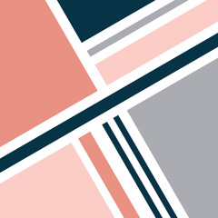 Abstract retro style illustration with colorful (grey, navy blue, pastel pink, pink) geometrical shapes on white background