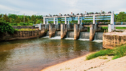 Small dams of irrigation systems in Thailand. Small dams in rural areas. dam of agricultural system - obrazy, fototapety, plakaty