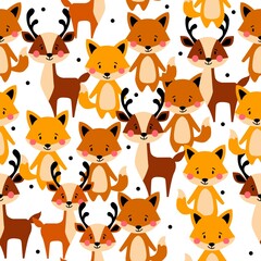 Vector childish pattern with deers and foxes.