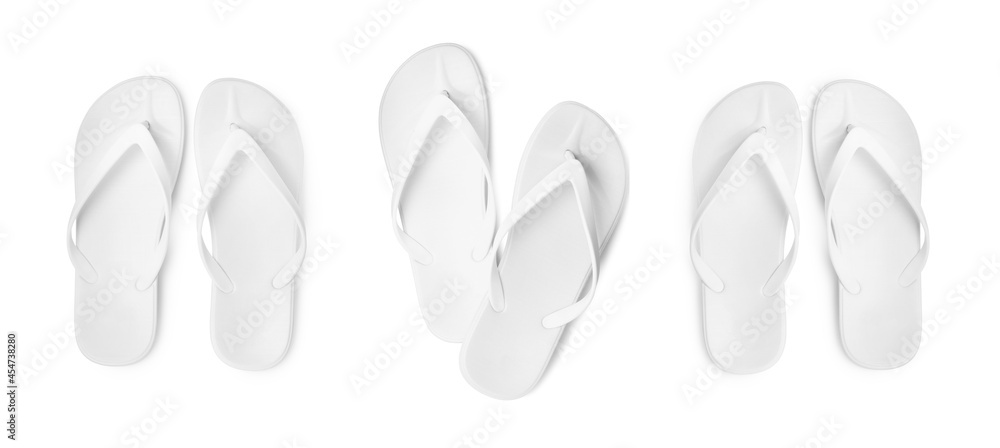 Canvas Prints Set with stylish flip flops on white background, top view. Banner design