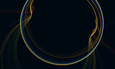 Yellow blue 3d rings with curvy flames as frame or portal into the dark. May be festive or artistic background, sci fi element, techno cover or blank. Great as conceptual part of common design.