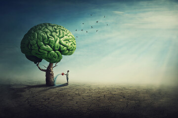 Surreal brain tree in a desolate land and a determined person watering it using a sprinkling can. Man splashes the green shrub using a water pot, taking care of mental health. Human mind concept - obrazy, fototapety, plakaty