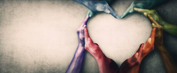 Different people unite for common purpose as diverse person hands colored in the lgbtq pride...