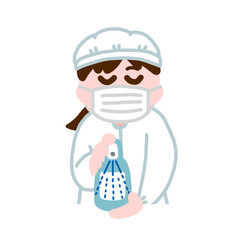 給食係　消毒係　アルコール消毒をする女子学生
