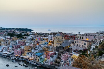 Fototapeta na wymiar Marina Corricella a Procida al tramonto