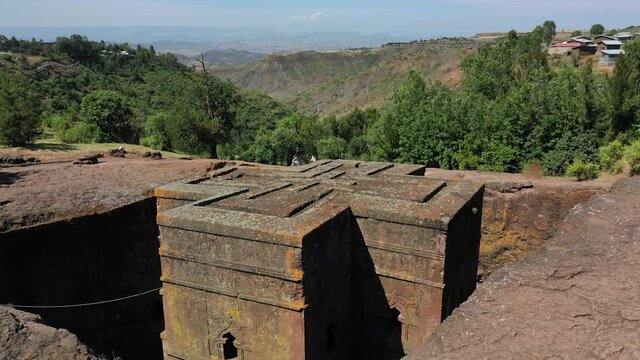 Aerial view of the monolithic rock-cut church of Saint George dated to the late 12th, Amhara Region, Lalibela, Ethiopia 