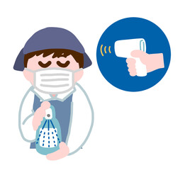 消毒係　アルコール消毒・検温をする男子学生
