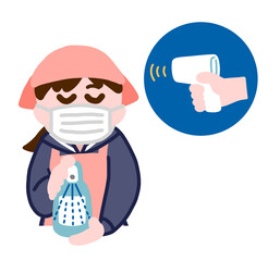 消毒係　アルコール消毒・検温をする女子学生
