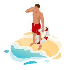 Isometric handsome male lifeguard with life buoy at sandy beach. Lifeguard on the beach. Safety while swimming.