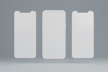 Smartphone blank screen mockup template with various screens for user experience and app design presentation. Mobile phone app, UI, websites, and landing pages design template. 3D render