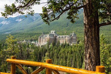Banff Springs Hotel in the Canadian Rockies. beautiful view of the hotel. - obrazy, fototapety, plakaty