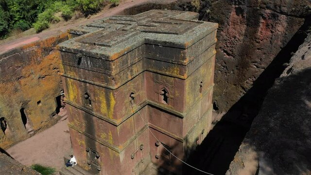 Aerial view of the monolithic rock-cut church of Saint George dated to the late 12th, Amhara Region, Lalibela, Ethiopia 