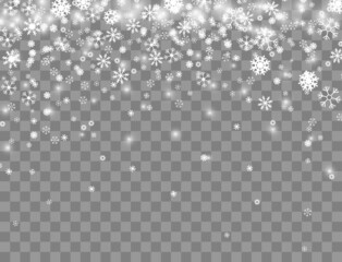 Falling snowflakes on transparent background. Christmas snow.  Snowfall Winter Christmas Background. Christmas background with falling snowflakes on transparent backgraund.Vector