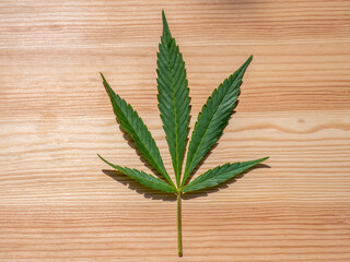 Cannabisblatt auf einem Holzhintergrund