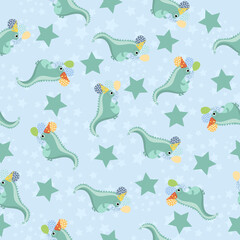 Seamless pattern with festive green dinosaurs and balloons. Pattern on a blue background with stars for printing, for children's party.