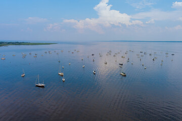 Aerial view of harbor with many boat