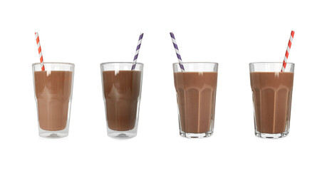 Set with delicious chocolate milk on white background. Banner design