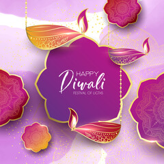 Diwali festival holiday design with paper cut style of Indian Rangoli. Happy Diwali. Paper Graphic of Indian Rangoli. Gold Mandala on purple pink yellow background. Design for banner, invitation, menu