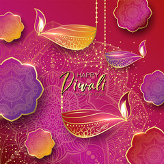 Diwali festival holiday design with paper cut style of Indian Rangoli. Happy Diwali. Paper Graphic of Indian Rangoli. Gold Mandala on purple pink yellow background. Design for banner, invitation, menu