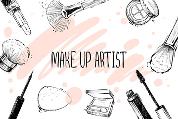 Make up artist banner, vector illustration, monochrome