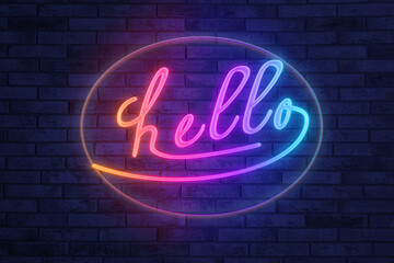Fototapeta na wymiar Stylish neon sign with word Hello on brick wall