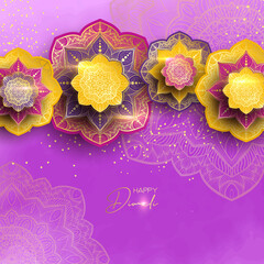 Diwali festival holiday design with paper cut style of Indian Rangoli. Happy Diwali. Paper Graphic of Indian Rangoli. Gold Mandala on purple pink yellow background. Design for banner, invitation, menu
