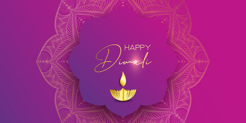 Diwali festival holiday design with paper cut style of Indian Rangoli. Happy Diwali. Paper Graphic of Indian Rangoli. Gold Mandala on purple pink yellow background. Design for banner, invitation, menu