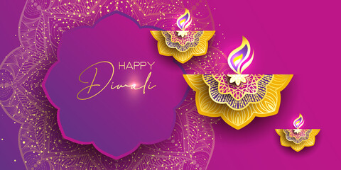 Diwali festival holiday design with paper cut style of Indian Rangoli. Happy Diwali. Paper Graphic of Indian Rangoli. Gold Mandala on purple pink yellow background. Design for banner, invitation, menu