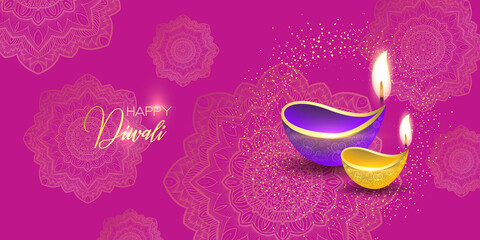 Diwali festival holiday design with paper cut style of Indian Rangoli. Happy Diwali. Paper Graphic of Indian Rangoli. Gold Mandala on purple pink yellow background. Design for banner, invitation, menu