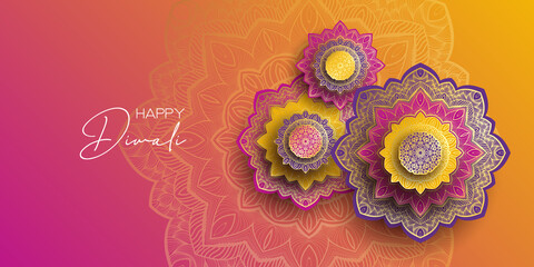 Diwali festival holiday design with paper cut style of Indian Rangoli. Happy Diwali. Paper Graphic of Indian Rangoli. Gold Mandala on purple pink yellow background. Design for banner, invitation, menu